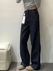 Cyflymder  High Waisted Wide Leg Pants Women Deep Blue Jeans Loose Fit Slimming Straight Leg High Height Floor Length