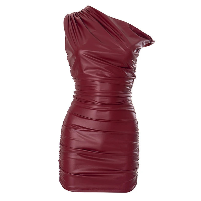 Cyflymder  Female Faux Leather Slant Neck Twisted Pleated Off-shoulder Bodycon Fashion Solid Color High Waisted Short Dress Streetwear