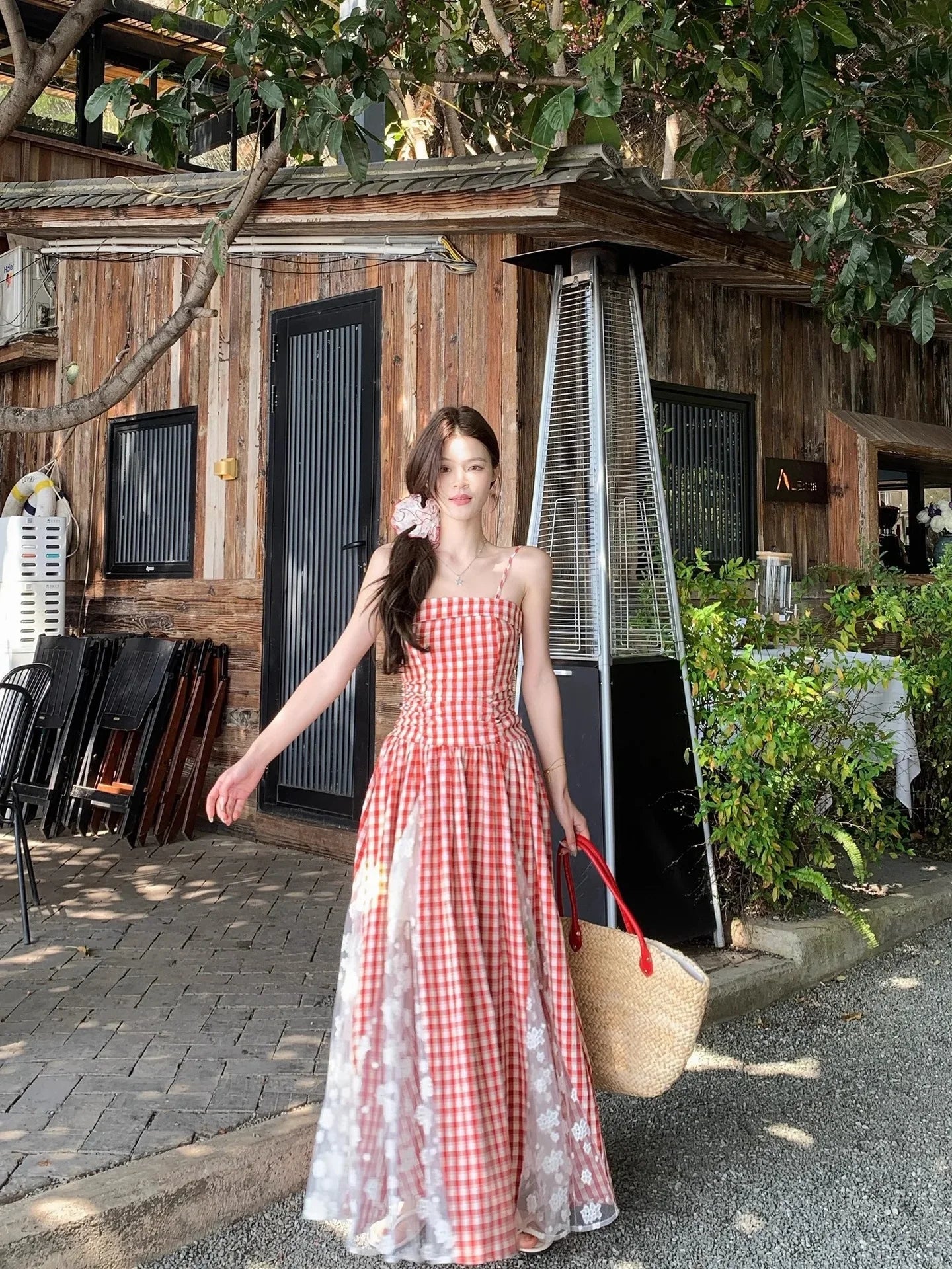 Cyflymder  Korean Style Blue Plaid Lace Halter Dress Women Summer 2025 Sweet Beach Vacation Maxi Skirt Long Dress One Shoulder Sleeveless