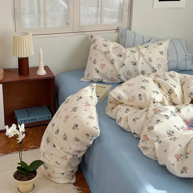 Cyflymder  Blue/Pink Floral Duvet Cover set Farmhouse Vintage Chic 4Pcs Flat Bed Sheet Pillow Shams Ultra Soft Microfiber Twin Queen Double