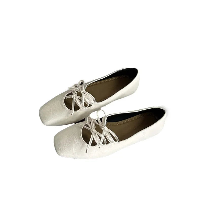 Cyflymder  Korean Style Flat Bottom Butterfly Knot Single Shoes Women's Silver Mary Janes Low Heel Square Toe Synthetic Inner Slip-On Shoes