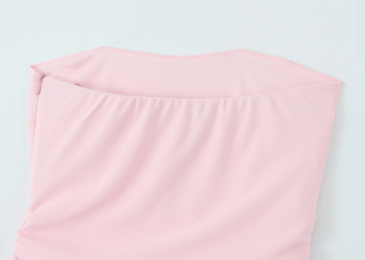 Cyflymder  Elegant Ruched Strapless Dress Women Sexy Pastel Pink Off Shoulder Side Zipper Midi Dress 2025 New Summer Party Evening Dresses