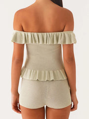 Cyflymder  Stylish 2-Piece Set Off-Shoulder Crop Top with Ruffles and High-Waisted Elastic Shorts for Chic Summer Street Style