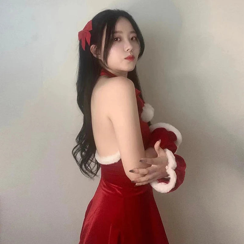 Cyflymder  Sexy Christmas Outfit Santa Claus Cosplay Cheongsam Style Red Dress Chinese New Year Tempting Dresses Party Performance Clothing