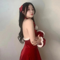 Cyflymder  Sexy Christmas Outfit Santa Claus Cosplay Cheongsam Style Red Dress Chinese New Year Tempting Dresses Party Performance Clothing