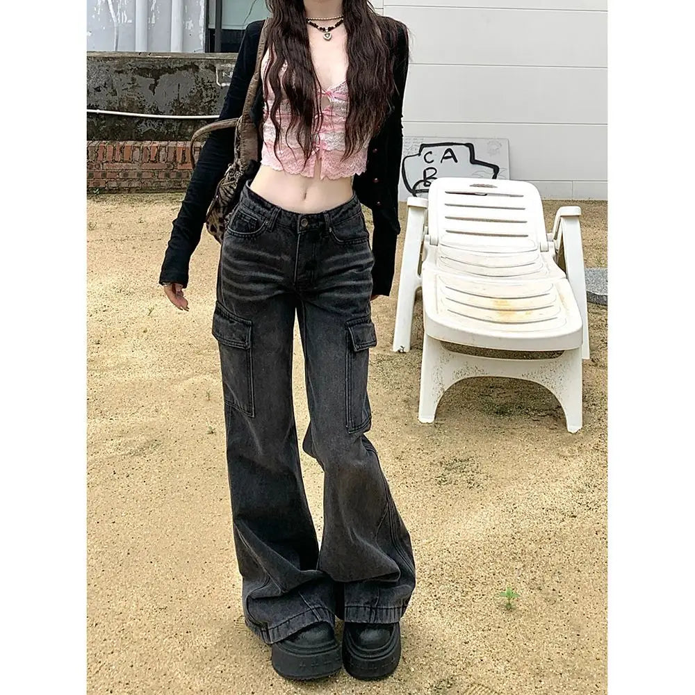 Cyflymder  High Street Retro Black and Gray Jeans Women's Pants Autumn Loose Wide-leg Pants Straight Flared Trousers Y2k Sweet Punk Pant