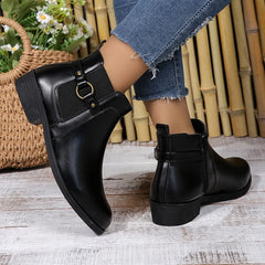 Cyflymder Pu Leather Classics Black Thick Heel Ankle Boots Metal Zipper Low Platform Woman Shoes Winter Round Toe Slip On Short Boots