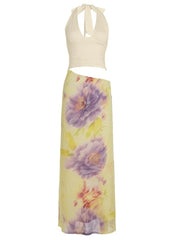 Cyflymder  Summer Floral Print Patchwork Halter Maxi Dress Sexy Deep V Front Sleeveless Backless Cut Out Slim Beach Vacation Dress