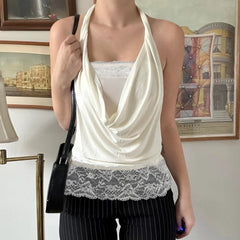 Cyflymder  Women's Halter Cowl Neck Top Sleeveless Lace Trim Hem Slim Fit Y2K Coquette Style Vintage Blouse Casual Daily Date Outfits