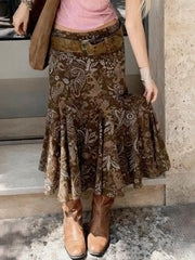 Cyflymder  Women's Vintage Brown Floral Print Maxi Skirt New Spring Summer Retro Style A Line Long Skirt Casual Boho Outfit No Belt