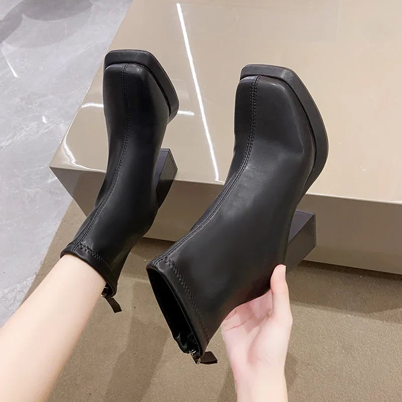 Cyflymder Beige Women Ankle Boots Platform Square High Heel Ladies Short Boots Patent PU Leather Round Toe Women's Boots