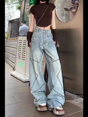 Cyflymder   American Retro Rivet Straight Jeans Women's Fashion Design Spice Girl Loose Wide-leg Pants Baggy Jeans
