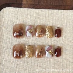 Cyflymder  10Pcs Autumn Handmade Press on Nails Brown Square Fake Nails Wearable Stick-on Nails Short False Nail 네일팁 Накладные Ногти Uñas