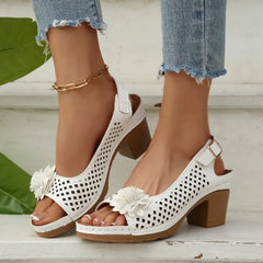 Cyflymder  Summer Fashionable Floral Thick High Heels Sandals for Women Strap Hollow Large Size Women's Shoes Platform Sliding Sandals