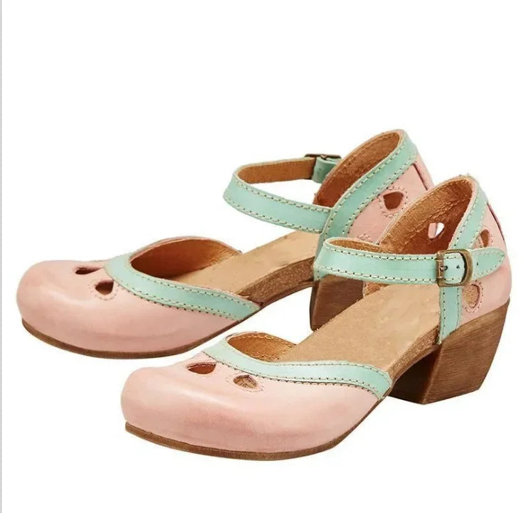 Cyflymder  Women Summer Shoes Mid Heel Hollow Out Casual Sandals Elegant Retro Ladies Pumps Ankle Color Block Buckle Straps Female Sandals