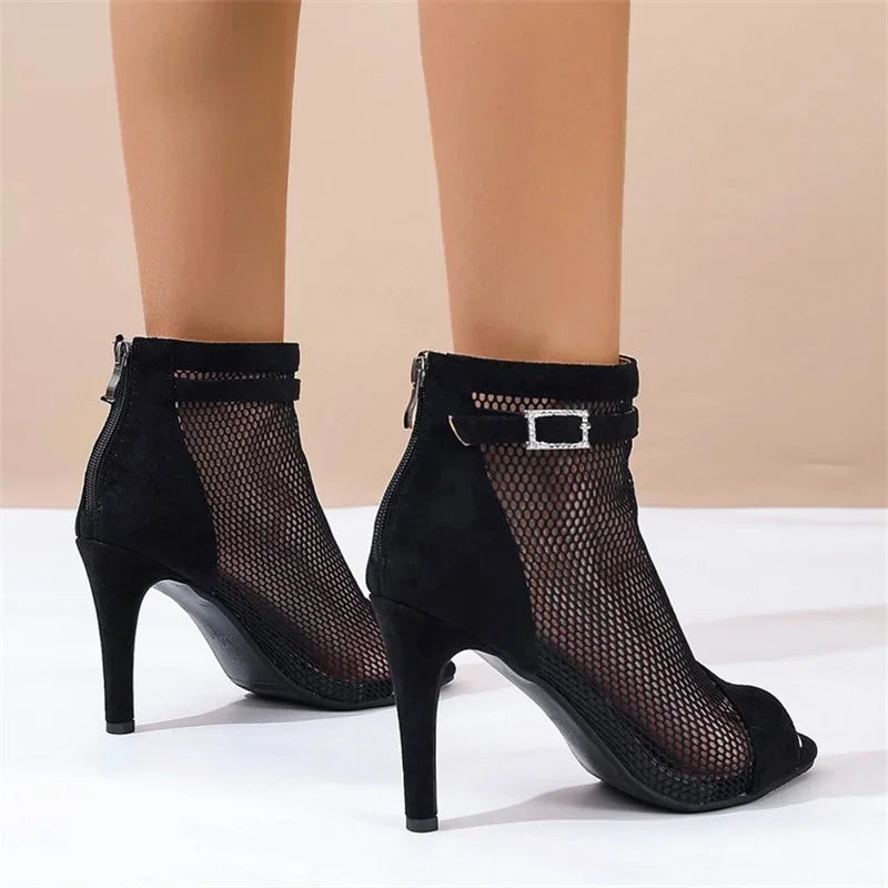 Cyflymder  Summer hollow black cool boots slim heels mesh boots fish mouth exposed toe high heels mesh women's shoes dance short boots