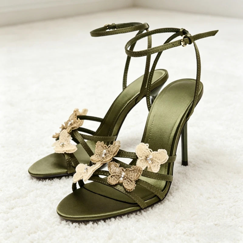 Cyflymder  Novely Butterfly Pattern Detail Heeled Sandals Women Sexy Open Toe Ankle Strap Summer Heels Luxury Party Designer Bridal Shoes