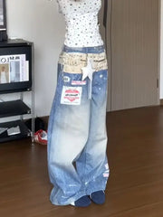 Cyflymder  Blue Vintage Graphic Women Distressed Jeans Washed Wide Leg American Style Straight Denim Trousers Baggy Casual Gyaru