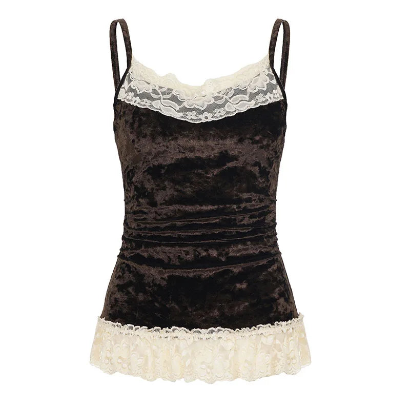 Cyflymder   Y2k Sexy Lace Patchwork Solid Temperament V Neck Spaghetti Strap Sleeveless Tanks