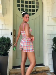 Cyflymder  Plaid Two Piece Co-Ord Set For Women Thin Strap Square Neck Backless Top Elastic Waist Shorts Suit Daily Vacation Female Outfit