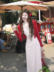 Cyflymder  French Elegant Heart Dot Long Dresses Sweet Slim Neck-mounted Summer Vacation Clothing Women Vintage Sexy Evening Party Dress