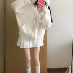 Cyflymder Kawaii Sweet Knitted Cardigan Women Elegant Zip Up Hooded Cardigan Cute Japanese Style Solid Autumn Winter Sweater Coat