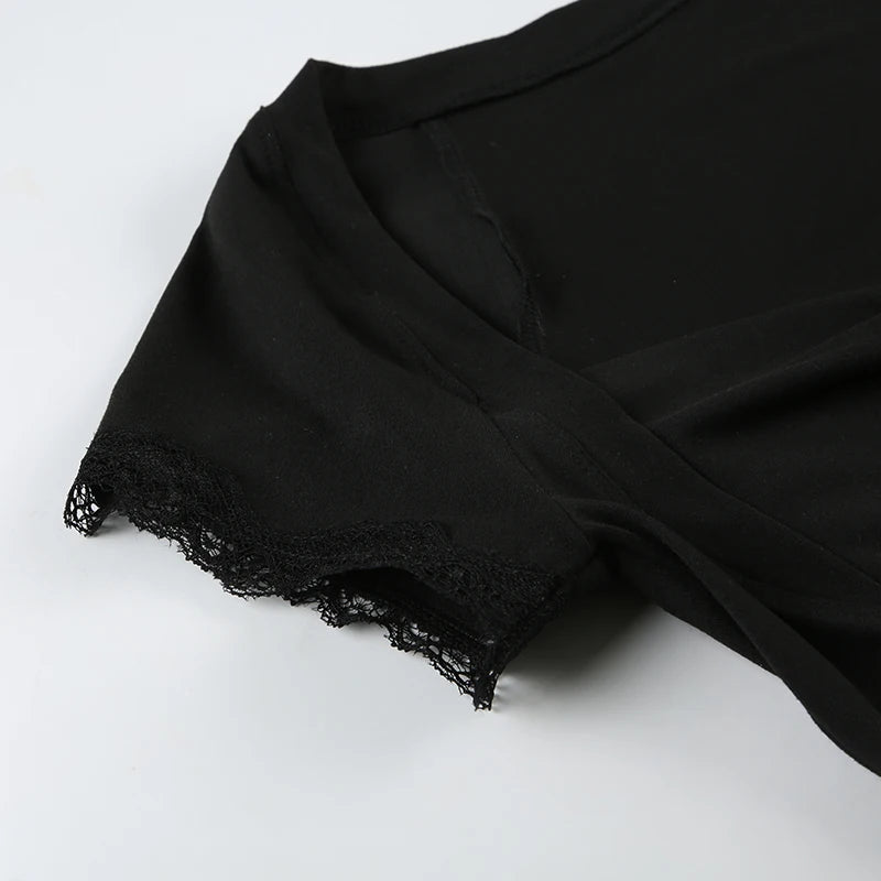Cyflymder  Casual Basic Lace Trim T Shirt Elegant Slim Folds Square Collar Short Sleeve Tees Women Summer Fashion Streetwear