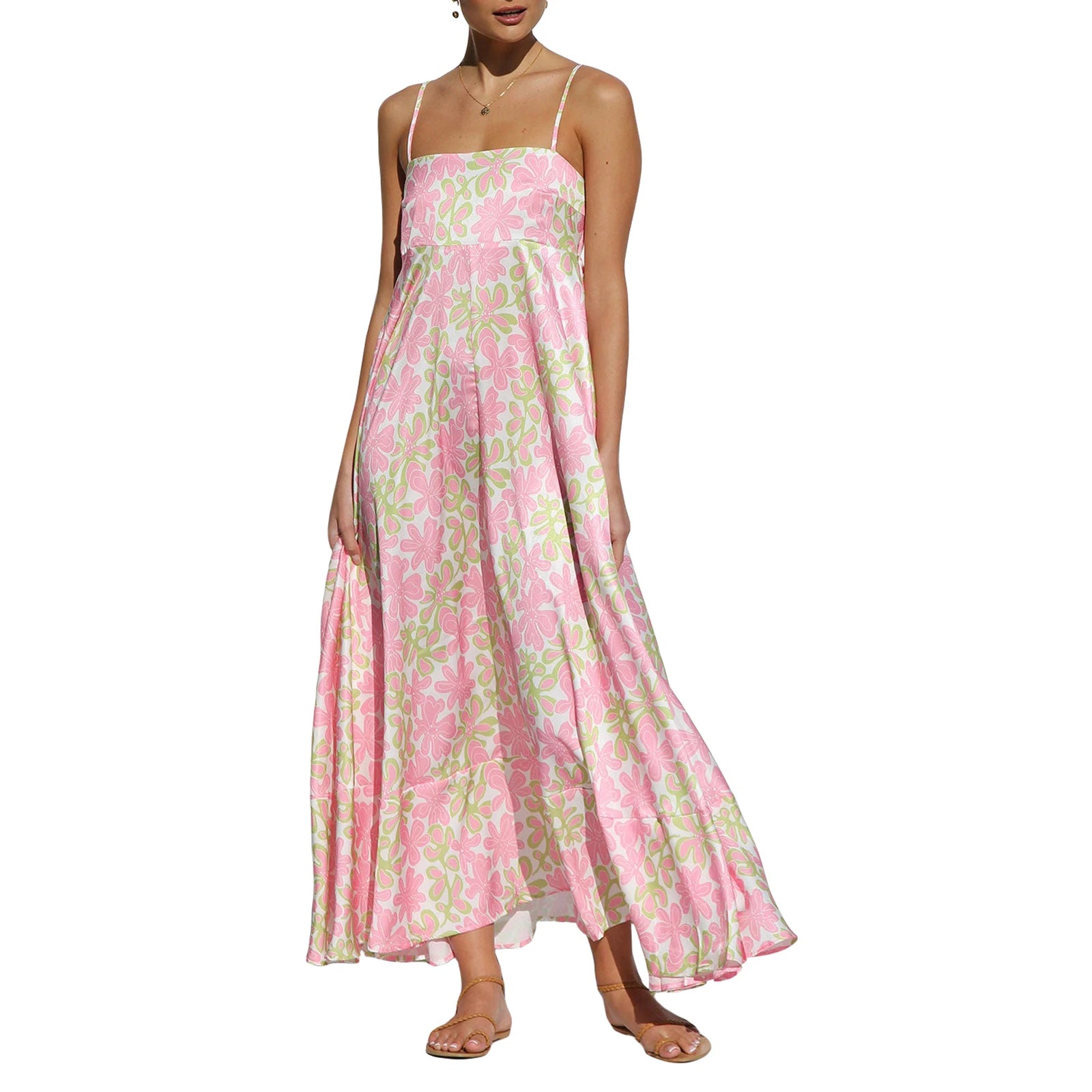 Cyflymder  Spaghetti Straps Flowy A-Line Long Dress Women's Summer Printed Backless Sleeveless Slip Swing Dress for Party Vacation Street