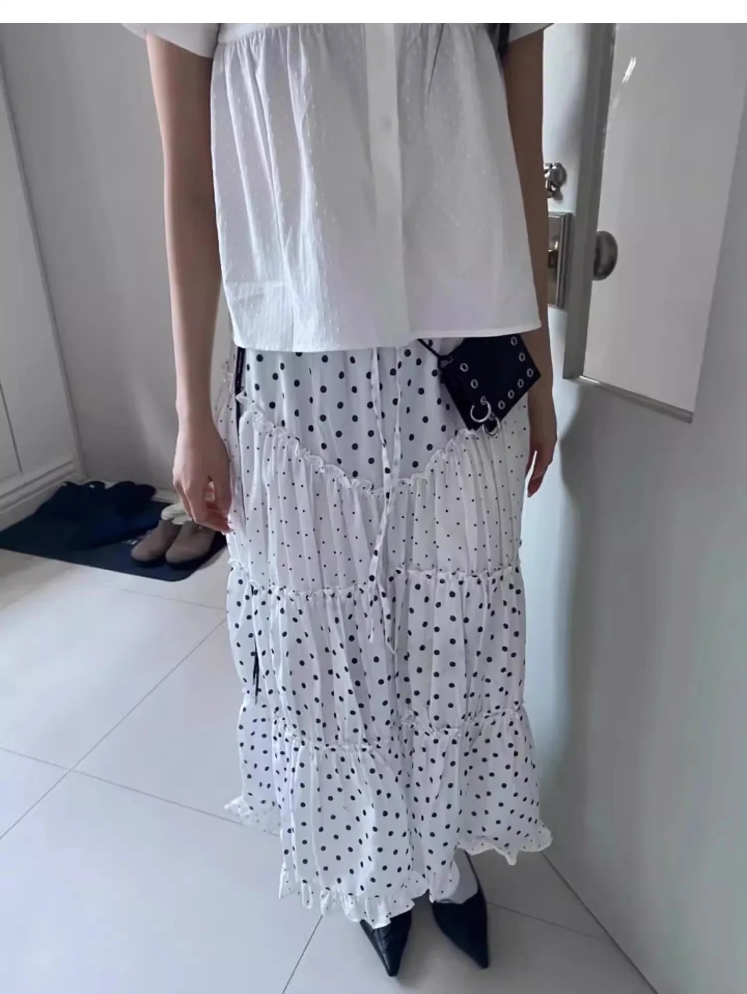Cyflymder  Oxygen Girl Retro Polka Dot f-length Skirt with Pleated Lace Elastic Waist A-line Mid-length Commute Sle Summer 2025