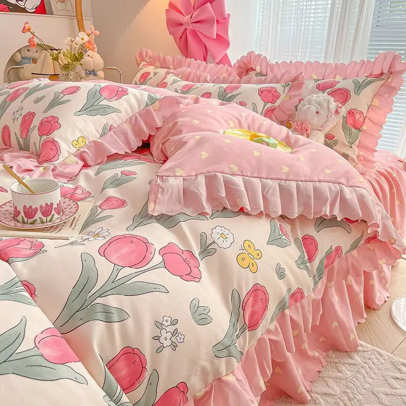 INS Pink Flower Bedding Set Princess Lace Duvet Cover with Flat Sheet And Pillowcase Soft Home Textiles For Girls Gift Bedlinen