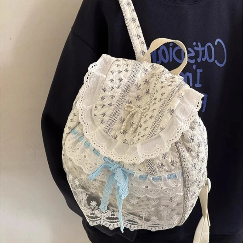 Cyflymder  Korean Lace Patchwork Sweet Bow Backpack Women Students Chic Flower Print Bow Schoolbags Y2k Aesthetic Girls All Match Backpacks