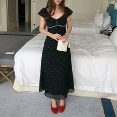 Cyflymder  Fashionable Square Collar Drawstring Bow Long Dress Female Clothing Polka Dot Summer New French Style Flying Sleeve Slim Dresses