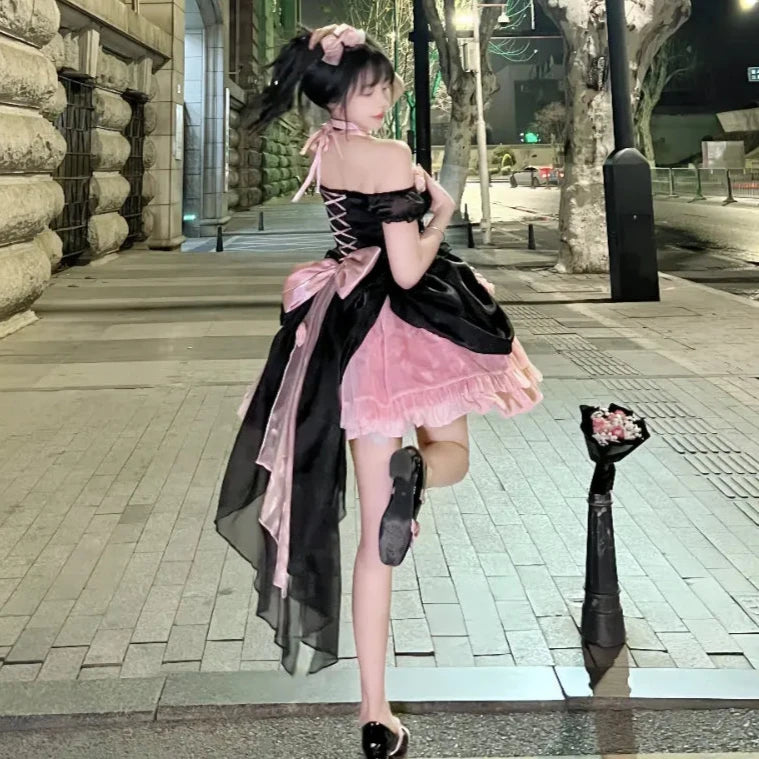 Cyflymder DRESS TO IMPRESS Japanese Gothic Lolita Dress Women Kawaii Bow Bear Lace Pink Black Off Shoulder Princess Dresses Girls Sweet Halloween Costume