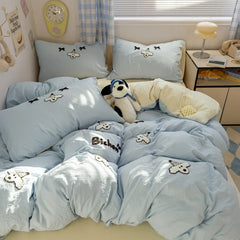 Cyflymder  new student cartoon washed cotton towel embroidered three or four-piece set bed sheet quilt cover mattress bedding