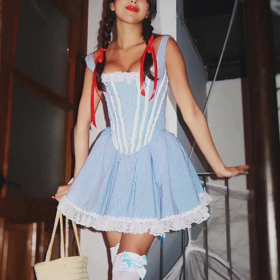 Cyflymder  Women's Halloween Dorothy Dress Costume Corset Bodice Blue Gingham Dress Lace Panel Lolita Maid Costume