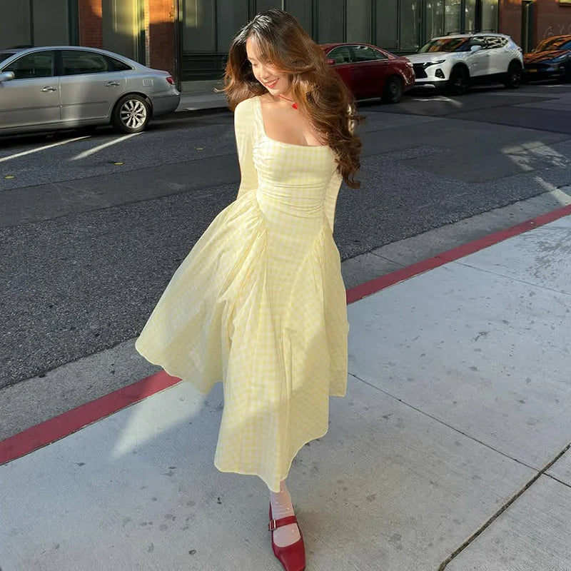 Cyflymder  Plaid Long Sleeve Pleated Maxi Dress For Women Autumn Fashion Square Collar High Waist A-line Club Party Long Dress New