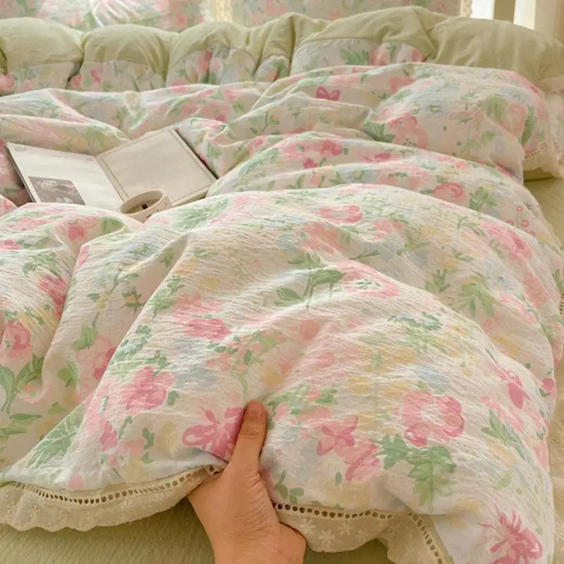 Cyflymder  New A-Class Hollow Lace Bedding Set Fitted Sheet Quilt Cover Pillowcase for Spring Summer Korean Skin Friendly Cozy Bedclothes