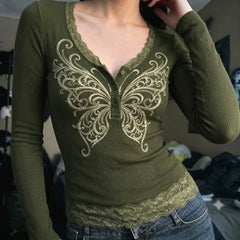 Cyflymder   Y2K Asian‑Inspired Print Fake Two‑Piece T-shirts Fashion Lace Splicing Color‑Blocked Long Sleeve Top Tees Autumn Versatile Top