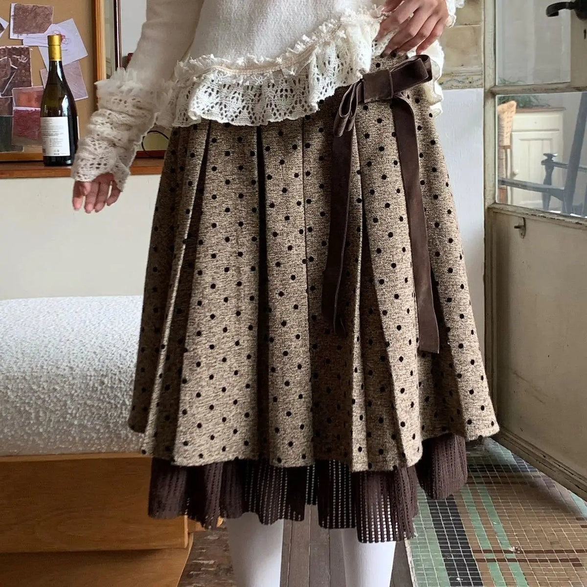 Cyflymder  Autumn Sweet High Waist All Match Polka Dot Pleated A-LINE Mid-length Skirts