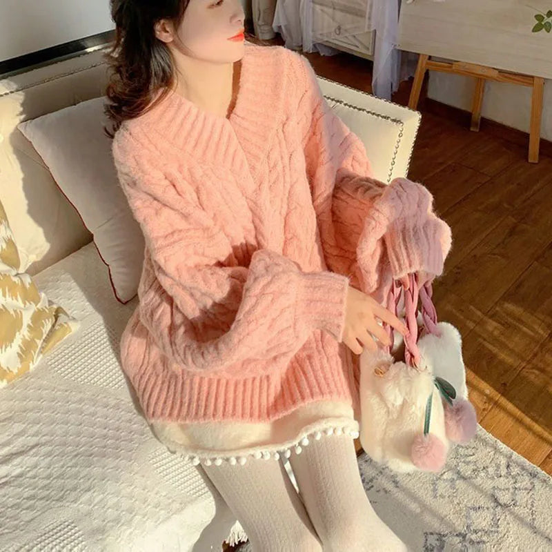 Cyflymder Pink Kawaii Oversize Knitwear Sweaters Women Sweet Cute Big Bow Pullovers Autumn Winter Keep Warm Lantern Sleeve V-Neck Sweater