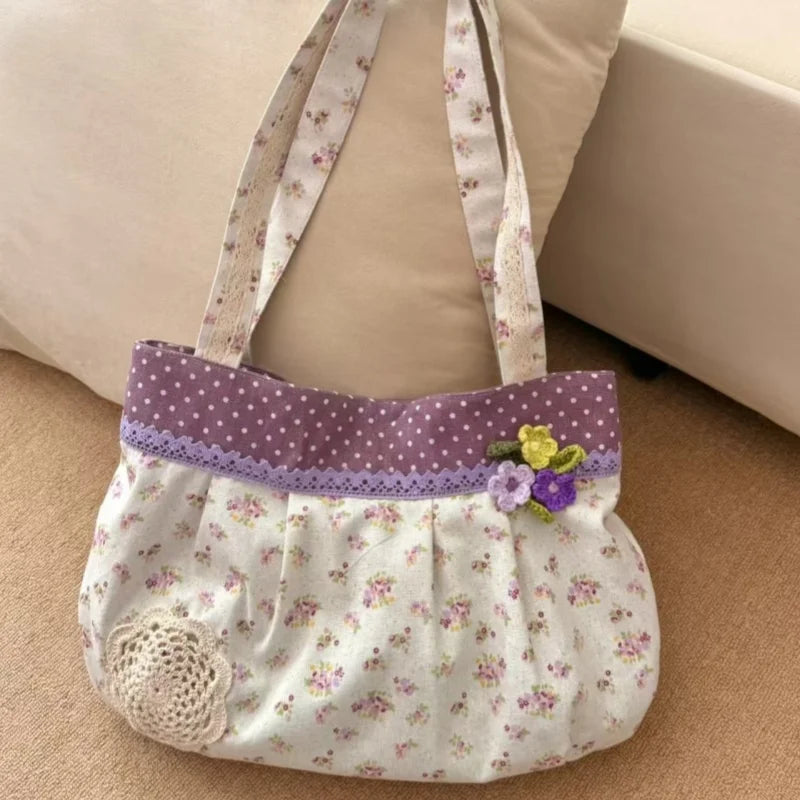 Cyflymder  Y2k Aesthetic Chic Flower Print Shoulder Bags Women Contrast Color Sweet Kawaii Dot Underarm Bag Fashion Cute Purse and Handbags