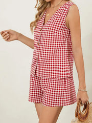 Cyflymder  Stylish Women s 2-Piece Set with Plaid Print V-Neck Tank Top and Elastic Shorts Perfect for Club and Streetwear Fashion