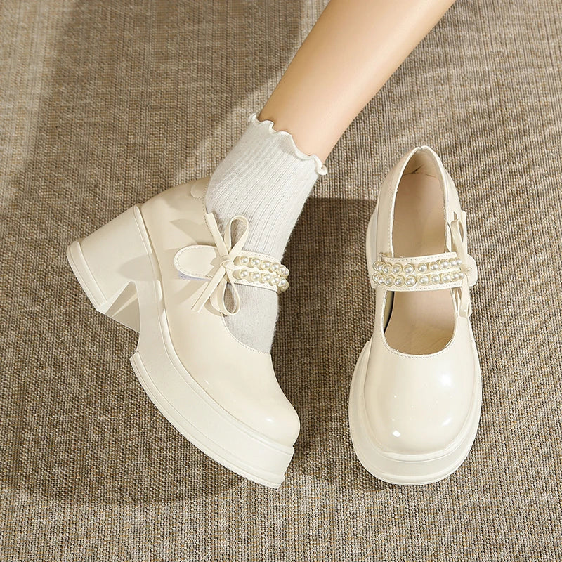 Cyflymder  Vintage High Heels Mary Jane Shoes for Women 2025 Patent Leather Platform Pumps Woman Pearls Thick-Heeled Shoes Female
