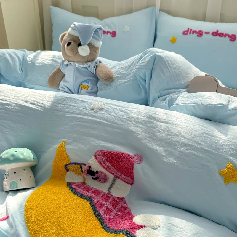 Cyflymder  New Cartoon Embroidery Bed Sets Super Soft and Cute Bedding Set for Kids Adults Comforter Cover Kit for Single and Double
