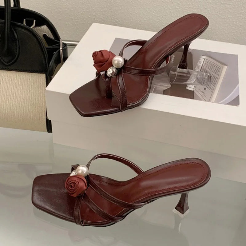 Cyflymder  Wine Red Flowers Pearl Women Slippers Sandals Fashion Square Open Toe Thin High Heels Mules Slides Summer Party Dress Shoe