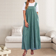 Cyflymder  y2k Tank Dress Women Classic Plaid Print Square Neck Wide Shoulder Strap Long Dress Casual Party Dresses Streetwear