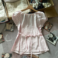 Cyflymder  Pink Striped Puff Sleeves Tees Women Simple Pretty Versatile Blouse with Short Sleeve Tops Sweet Preppy Style Cute T-shirts Y2K