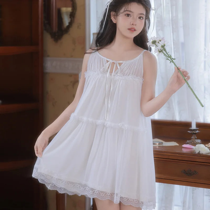 Cyflymder  Summer Court Pure Desire Wind Loose A-shaped Version Suspender Nightdress Hanging Neck Strap Lace Girl Modal Pajamas Mesh Yarn