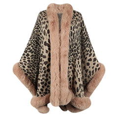 Cyflymder  Winter Warm Fur Collar Cape Cardigan Leopard Shawl Sweater for Women Jacekts Long Sleeve Coats Phonchos Cloak knitted Outwear