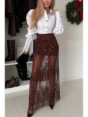 Cyflymder  Women Sequin Maxi Skirts Perspective Y2k Pearl Embellished High Rise Long Bodycon Skirt Glitter Black Skirts Summer Streetwear